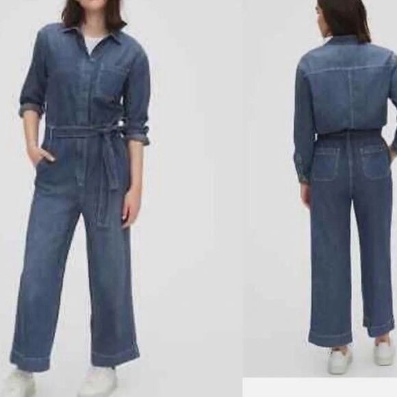 GAP Pants - Gap blue denim work Jumpsuit Overalls wide leg tie belt size 4T tall